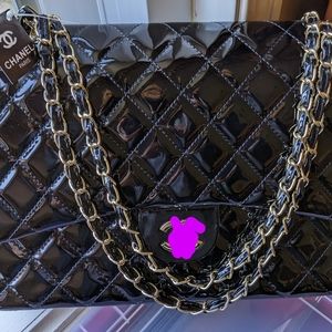 Quilted Faux Patent Leather Flap Bag